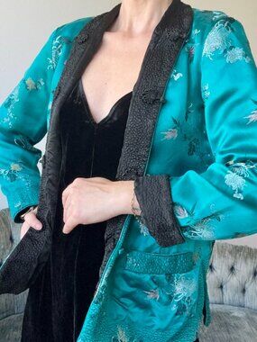 Vintage Reversible Satin Jacket Black Turquoise Oversized Small Embroidered